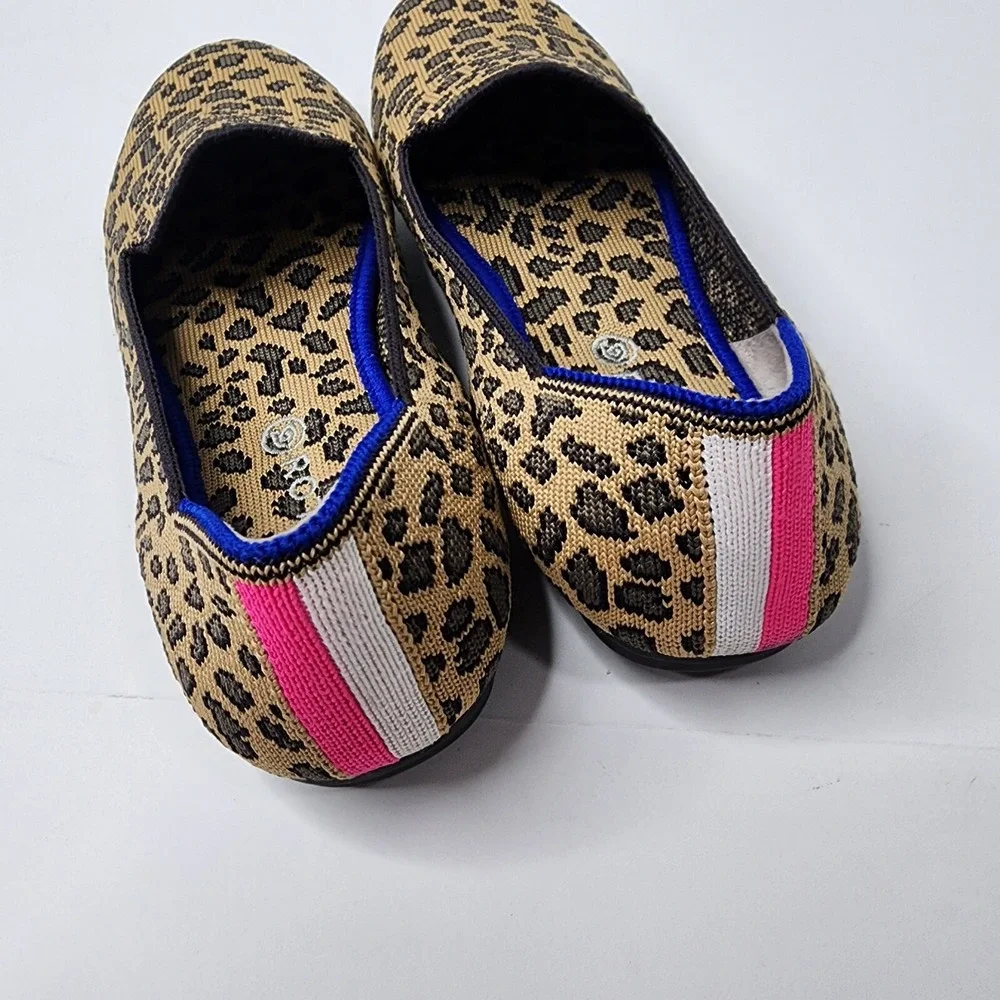 Rothys Girl's Brown Knit Leopard Cheetah Print Slip on Flat Loafer Shoes Size 4